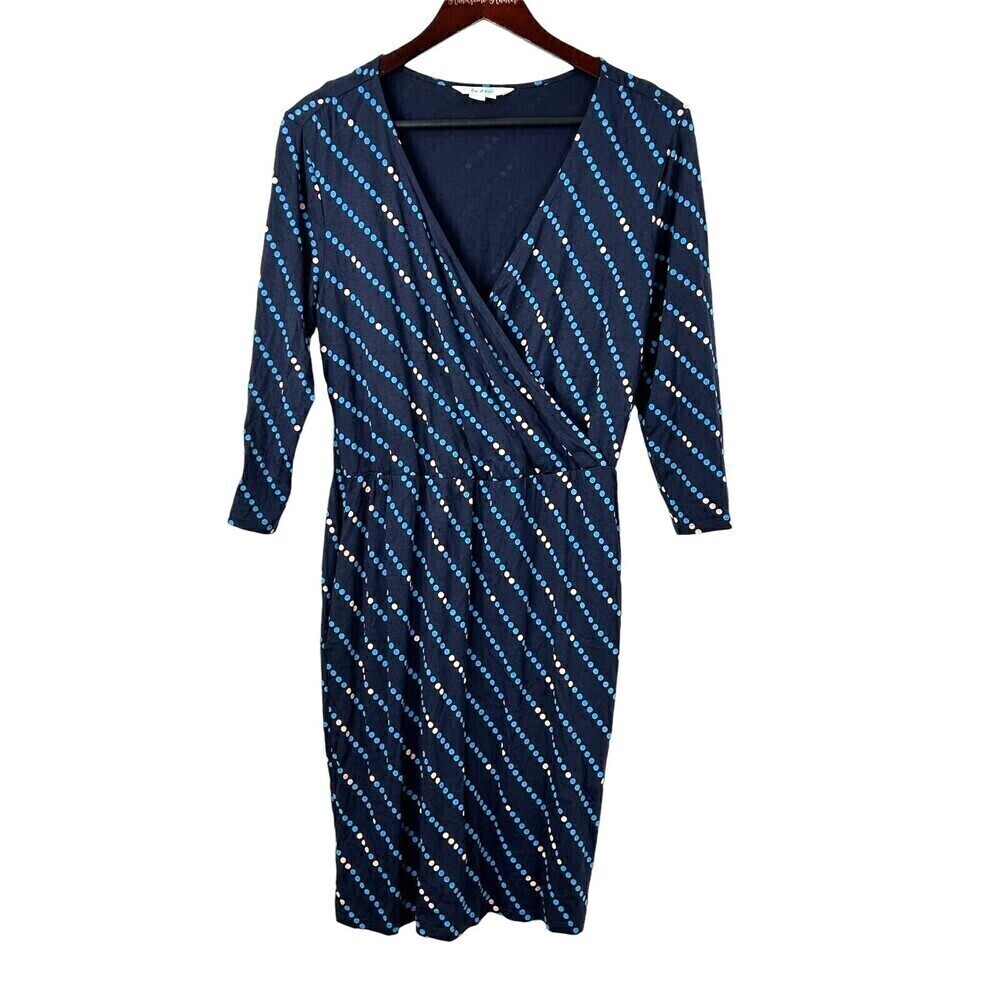 Boden Cressida‎ Faux Wrap Dress Sz 6R Blue Elastic Waist Pockets Modal Cotton E2